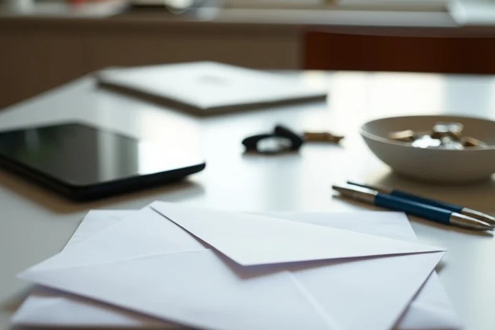 Two sealed envelopes and a pair of pens on a clean kitchen table, with a face-down phone and a small bowl of keys nearby