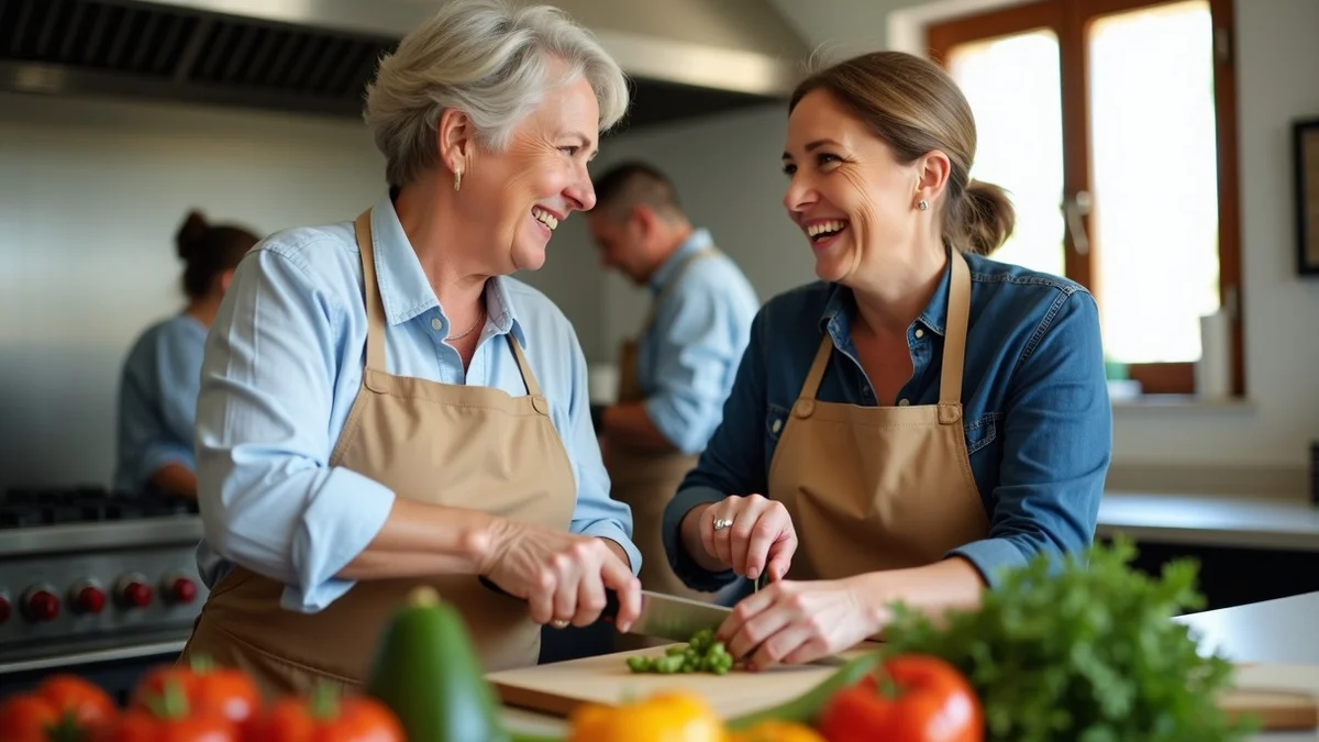 Two adults in their 40s chatting while chopping vegetables at a weekly cooking class in a California community kitchen, casual and social