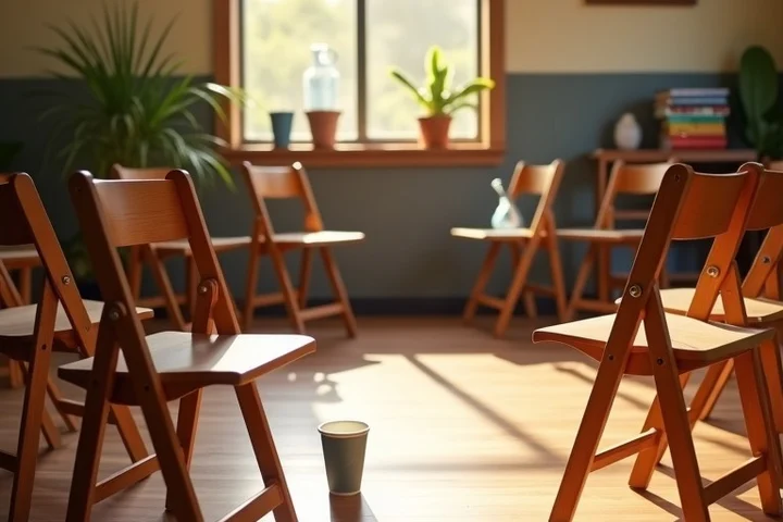 A sunlit community room with folding chairs in a circle, stacked books, a water jug, and reusable cups, set up for a recurring neighborhood program